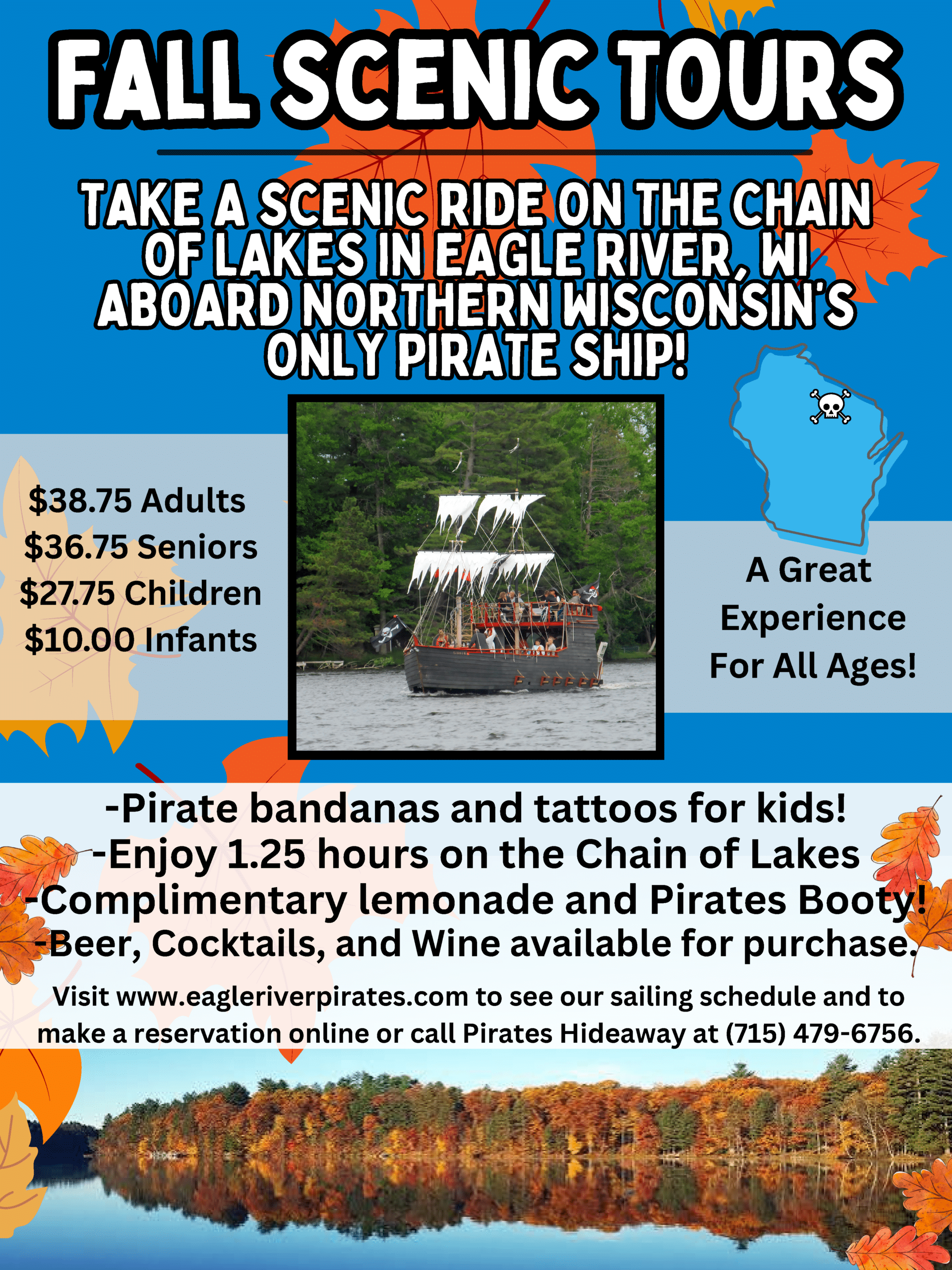 Promotional flyer for pirate ship tours in Eagle River, WI. Photo of a boat with people in pirate costumes; tour info, prices, and website details are listed.