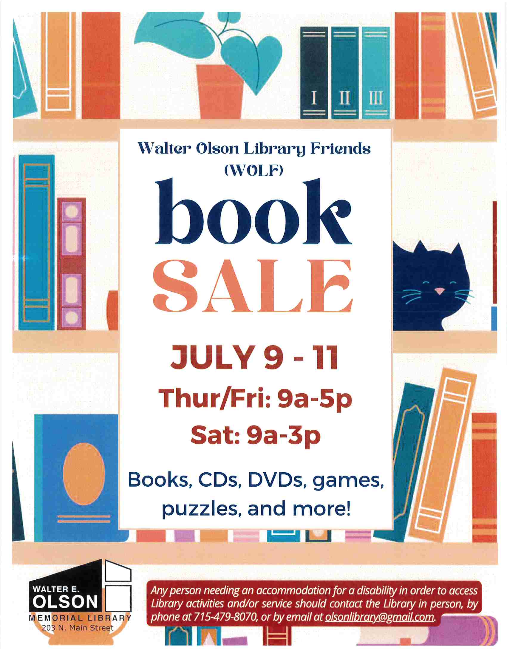 Flyer for Walter Olson Library Friends book sale, July 9-11, listing dates and times, with illustrations of books and a cat on shelves.