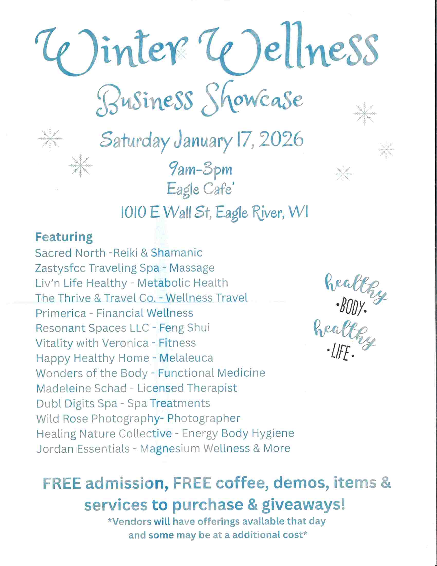 Flyer for Winter Wellness Business Showcase on January 17, 2026, at Eagle Cafe, Eagle River, WI, featuring wellness services, free admission, coffee, demos, and giveaways.
