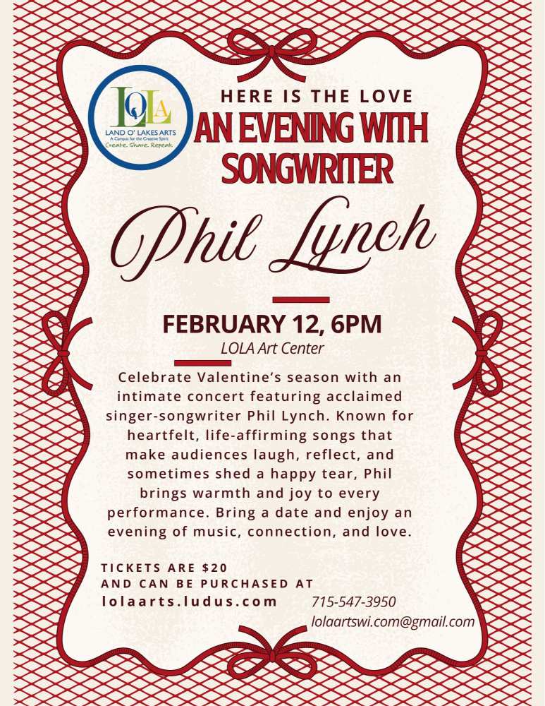 Event flyer for "An Evening with Songwriter Phil Lynch" on February 12 at 6 PM at LOLA Art Center, with event details, ticket info, and a decorative red border.