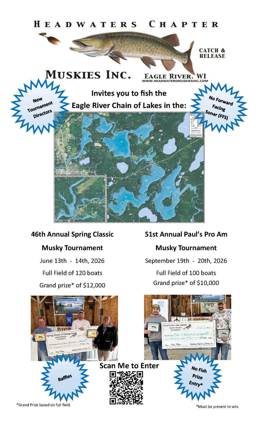 Tournament flyer for Headwaters Chapter Muskies Inc. showing a map, event details for two musky tournaments, catch and release policy, and photos of previous winners holding fish.