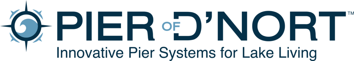 Logo for Pier of D’Nort with a blue compass design and the tagline “Innovative Pier Systems for Lake Living” underneath the company name.