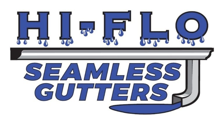 Logo for Hi-Flo Seamless Gutters with blue text and water drops, featuring a gutter illustration underneath the business name.