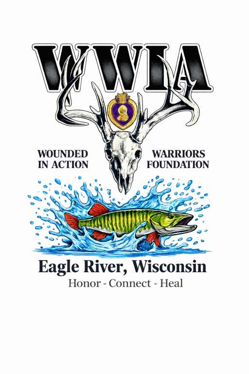 Wounded in Action Warriors Foundation logo with deer skull, military medal, and fish, text reading "Eagle River, Wisconsin, Honor - Connect - Heal.