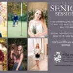 A collage of senior portraits featuring young women in various outdoor settings with the text promoting customized senior photo sessions by Wild Roses Photography.