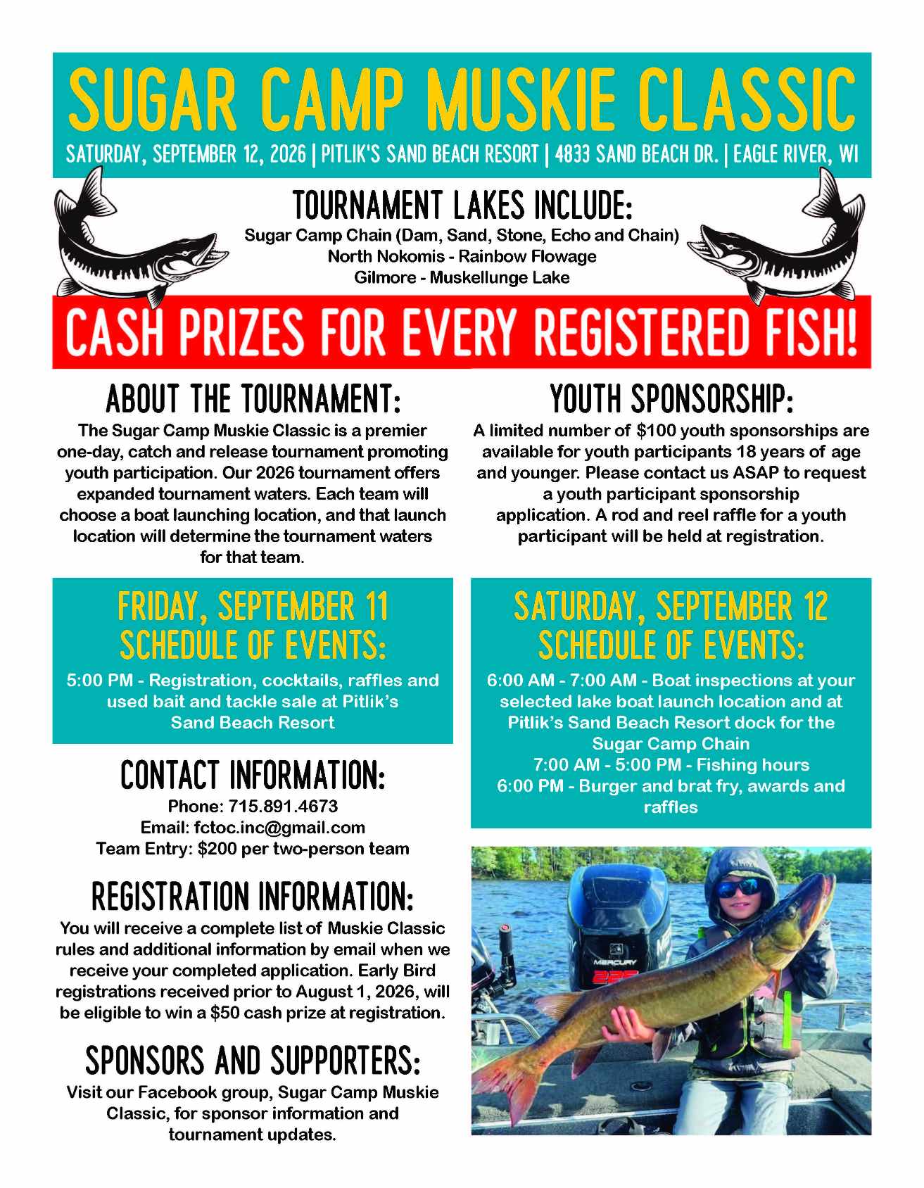Muskie Classic 2026_Page_1 Flyer for the Sugar Camp Muskie Classic fishing tournament on September 12, 2026, with schedule, registration info, cash prizes details, and sponsor information. Red banner highlights cash prizes.