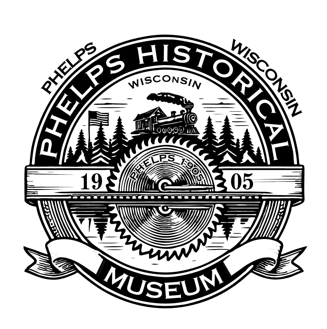 Circular logo for Phelps Historical Museum featuring a train, pine trees, saw blade, and the year 1905, with text "Phelps Historical Museum, Wisconsin.