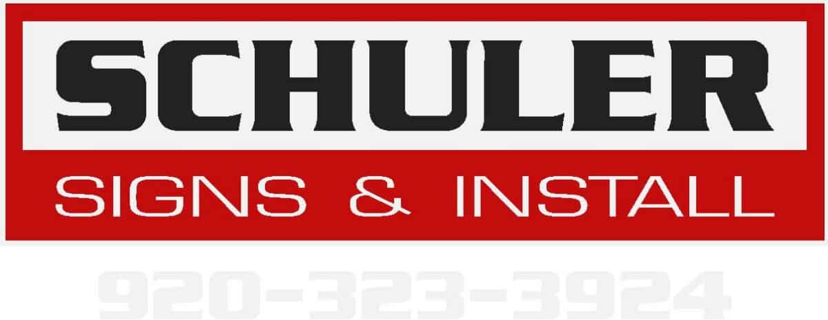 schuler logo1 Logo for Schuler Signs & Install, featuring bold black and white text on a red background, with a faint phone number visible at the bottom: 920-323-3924.