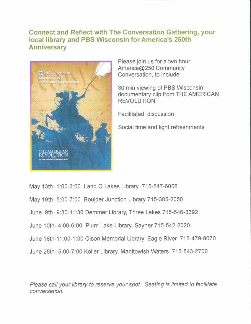 Flyer for "The Conversation Gathering" event series, featuring dates, locations, contact info, and a PBS documentary screening titled "The American Revolution.