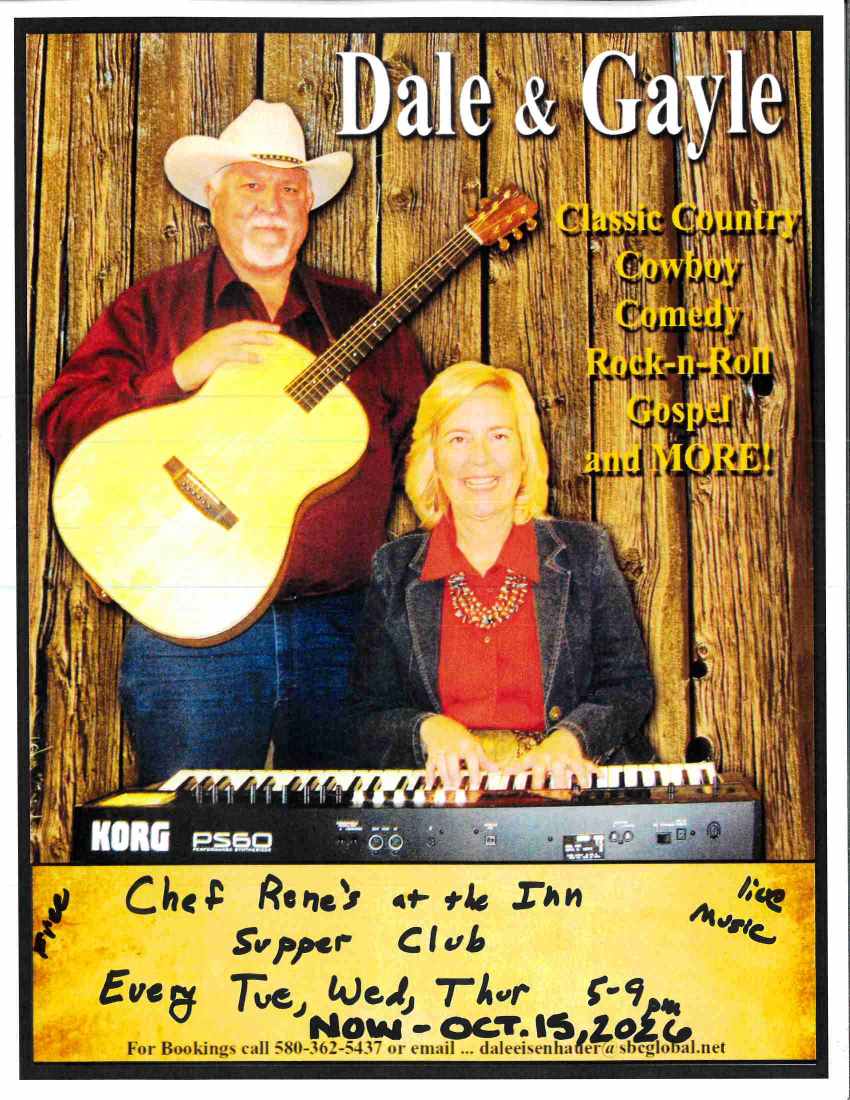 A man with a guitar and a woman at a Korg keyboard pose in front of a wooden backdrop. Text promotes Dale & Gayle's music and comedy shows at Chef Rene's at the Inn Supper Club.
