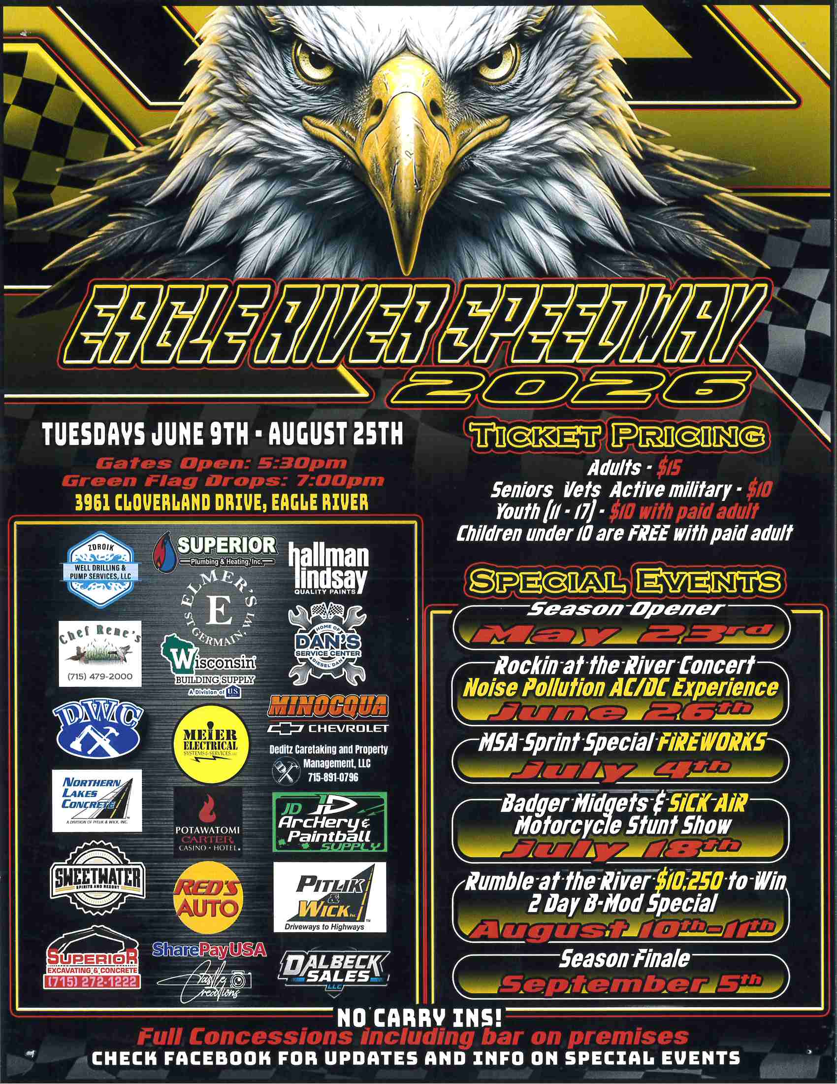 Poster for Eagle River Speedway 2020 featuring event dates, ticket pricing, special events, location, and sponsors, with a bold eagle graphic at the top.