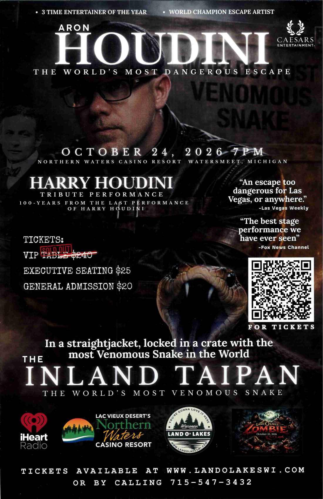 Promotional poster for Aron Houdini's "Venomous Snake" escape act at Northern Waters Casino Resort on October 24, 2026, featuring event details, ticket prices, and a QR code for tickets.