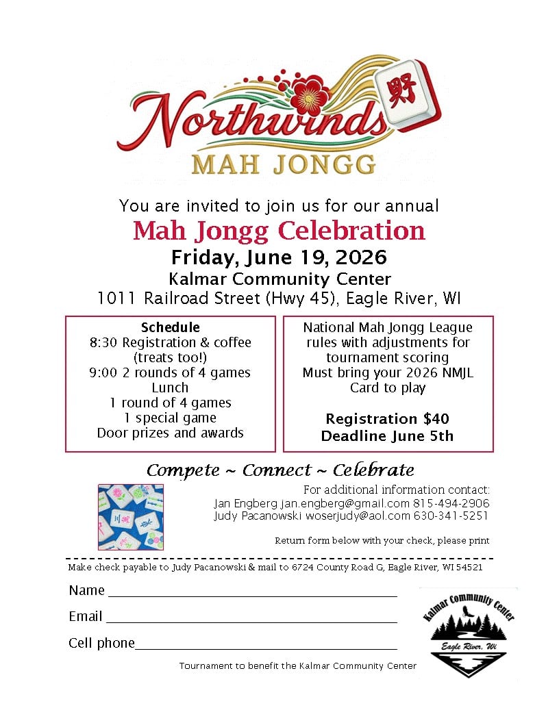Flyer for Northwinds Mah Jongg Celebration event on June 19, 2026, at Kalmar Community Center, Eagle River, WI, with schedule, registration details, and organizer contact information.
