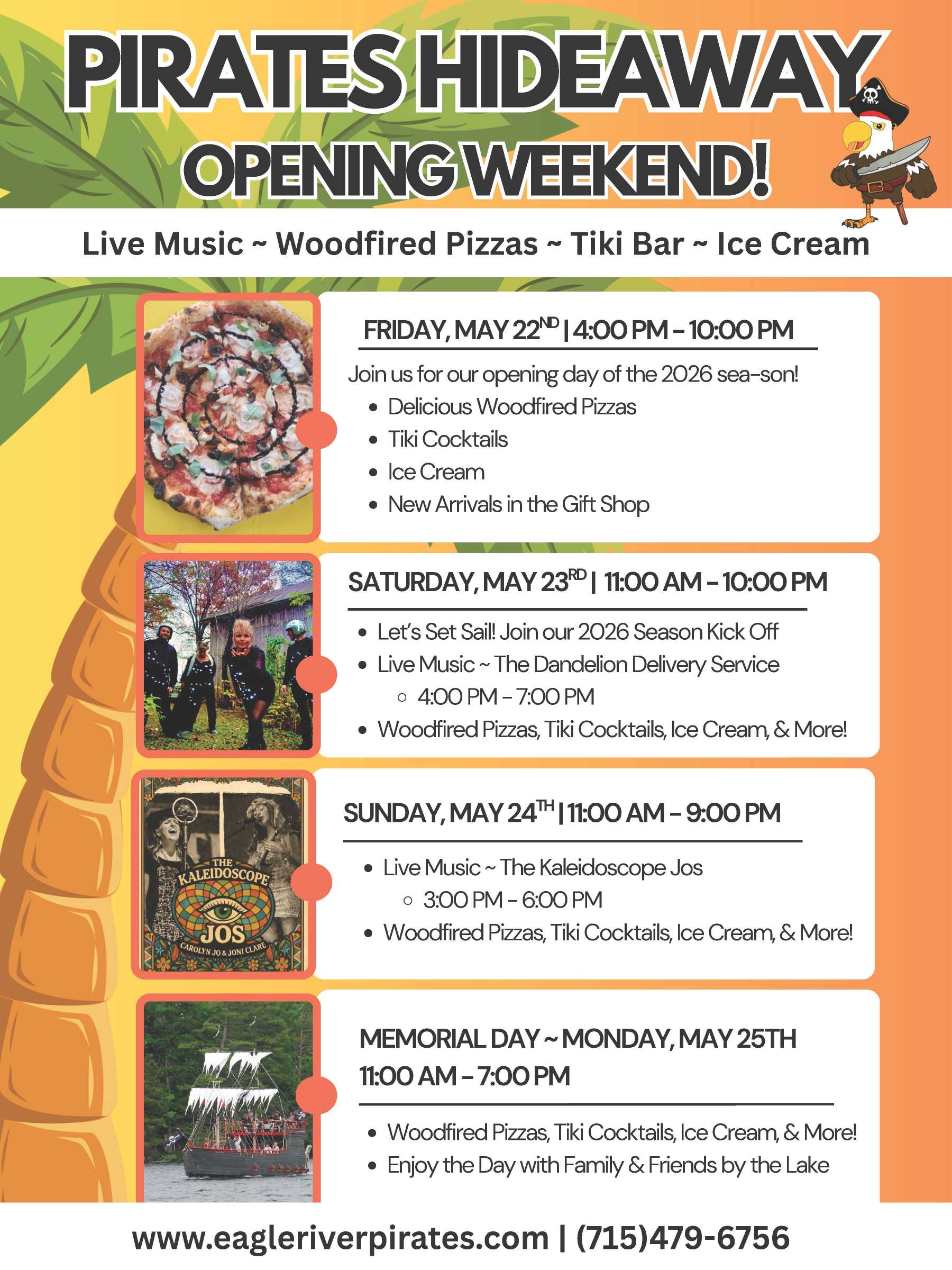Pirates Memorial Day Weekend Event flyer for Pirates Hideaway Opening Weekend listing dates, times, scheduled live music, food, and activities from May 22–25. Website and phone number included at the bottom.