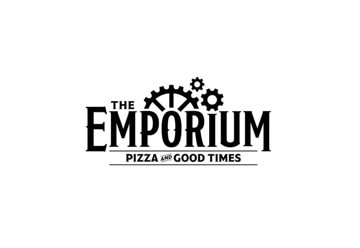 THe emporium Logo for "The Emporium Pizza and Good Times" with black text, gears above "Emporium," and a horizontal line separating the tagline.