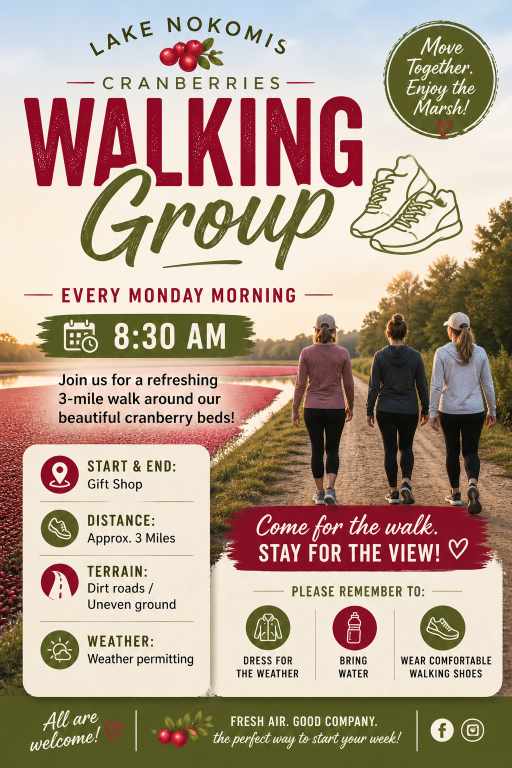 Flyer for the Lake Nokomis Cranberries Walking Group, meeting every Monday at 8:30 AM for a 3-mile walk, with reminders to dress for weather, bring water, and wear comfortable shoes.