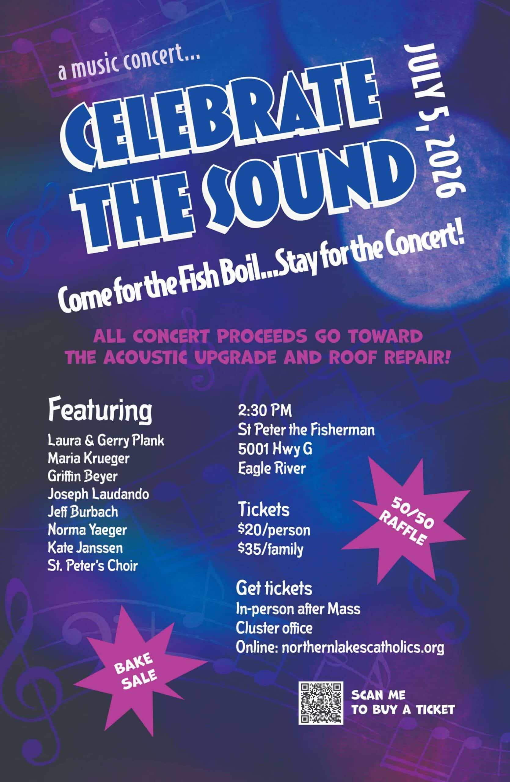 Poster for a music concert on July 15, 2026, promoting "Celebrate the Sound" with event details, featured performers, and information about ticket sales, a raffle, and a bake sale.