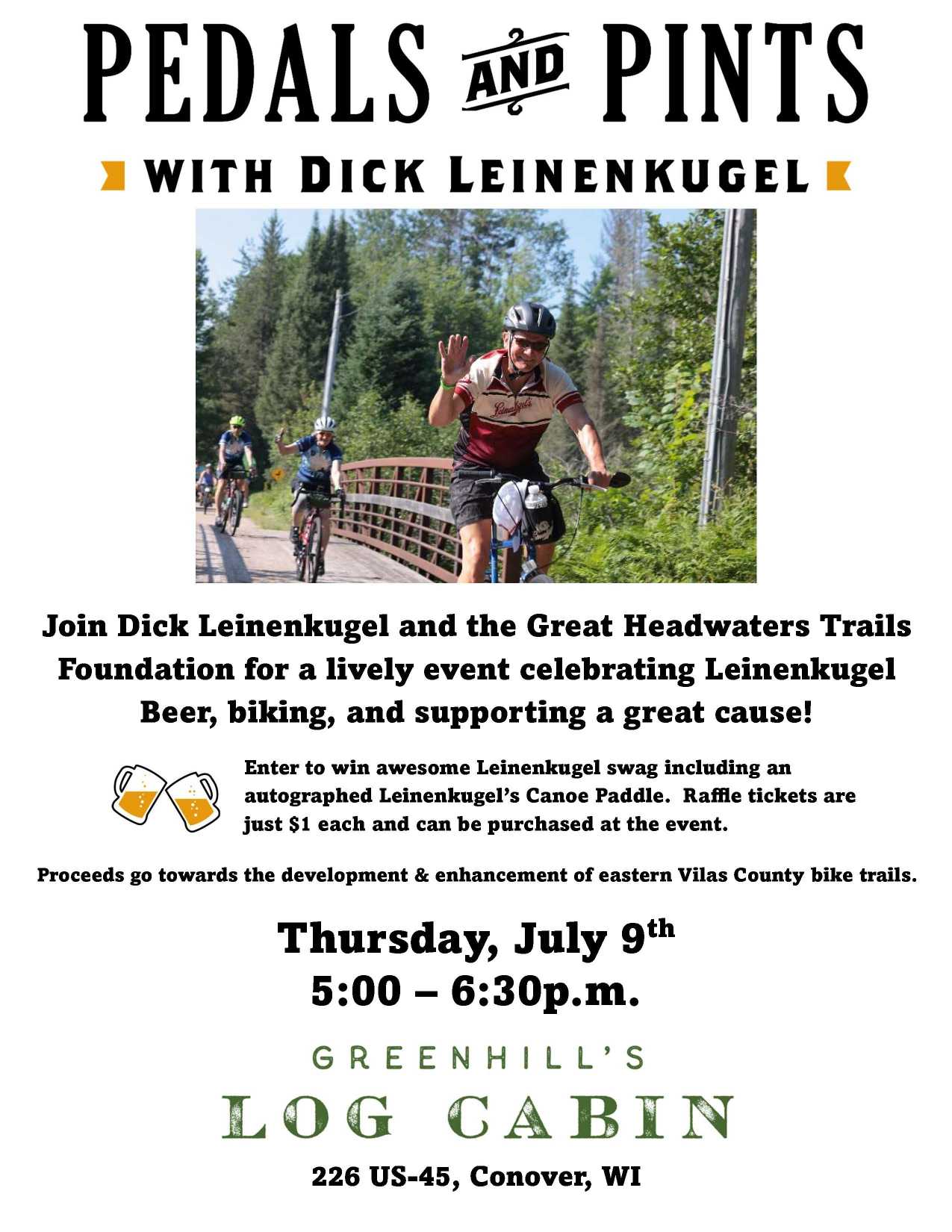 Event flyer for "Pedals and Pints with Dick Leinenkugel," featuring cyclists on a forest trail. Details include date, time, location, and event info supporting local bike trails.