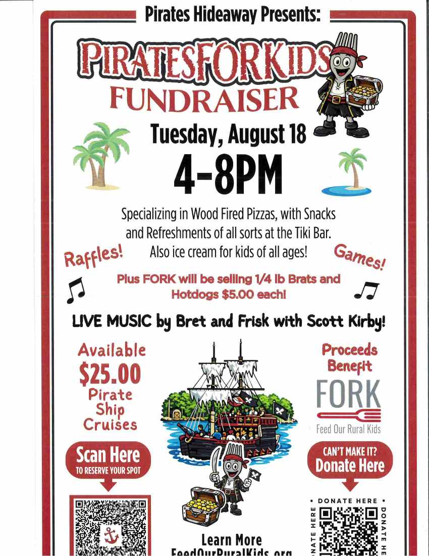 Flyer for "Pirates for Kids" fundraiser on August 18, 4-8 PM, featuring food, raffles, live music, and proceeds benefiting Feed Our Rural Kids.