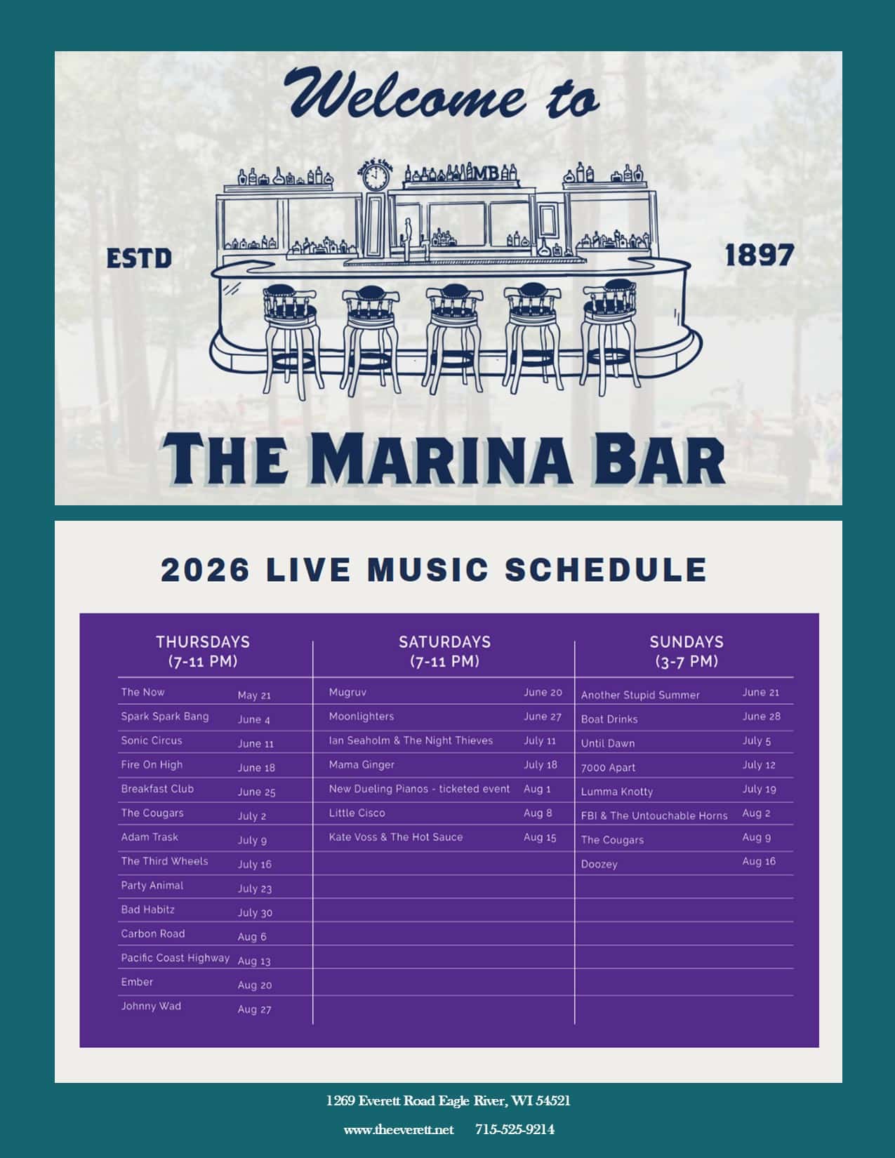 the marina bar music Schedule for The Marina Bar featuring live music events listed by date and band name for Thursdays, Saturdays, and Sundays in 2026. Contact info and location are at the bottom.