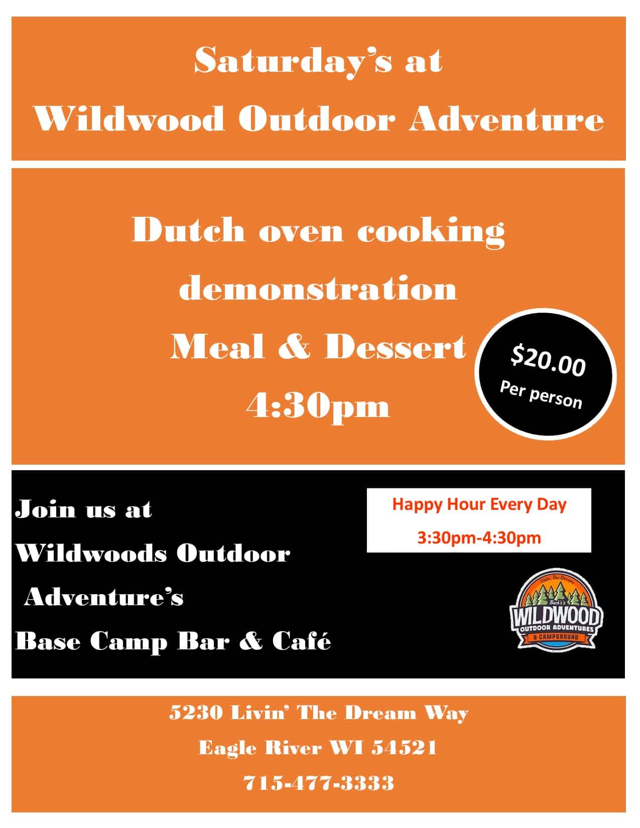 Flyer for Wildwood Outdoor Adventure promoting a Dutch oven cooking demonstration with meal and dessert at 4:30pm, $20 per person, with additional event and location details.