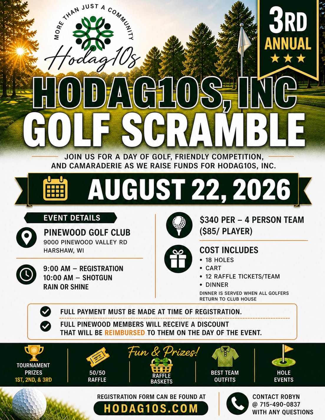 Flyer for the Hodag10s, Inc. 3rd Annual Golf Scramble on August 22, 2026, at Pinewood Golf Club; event details, pricing, prizes, and contact info included.