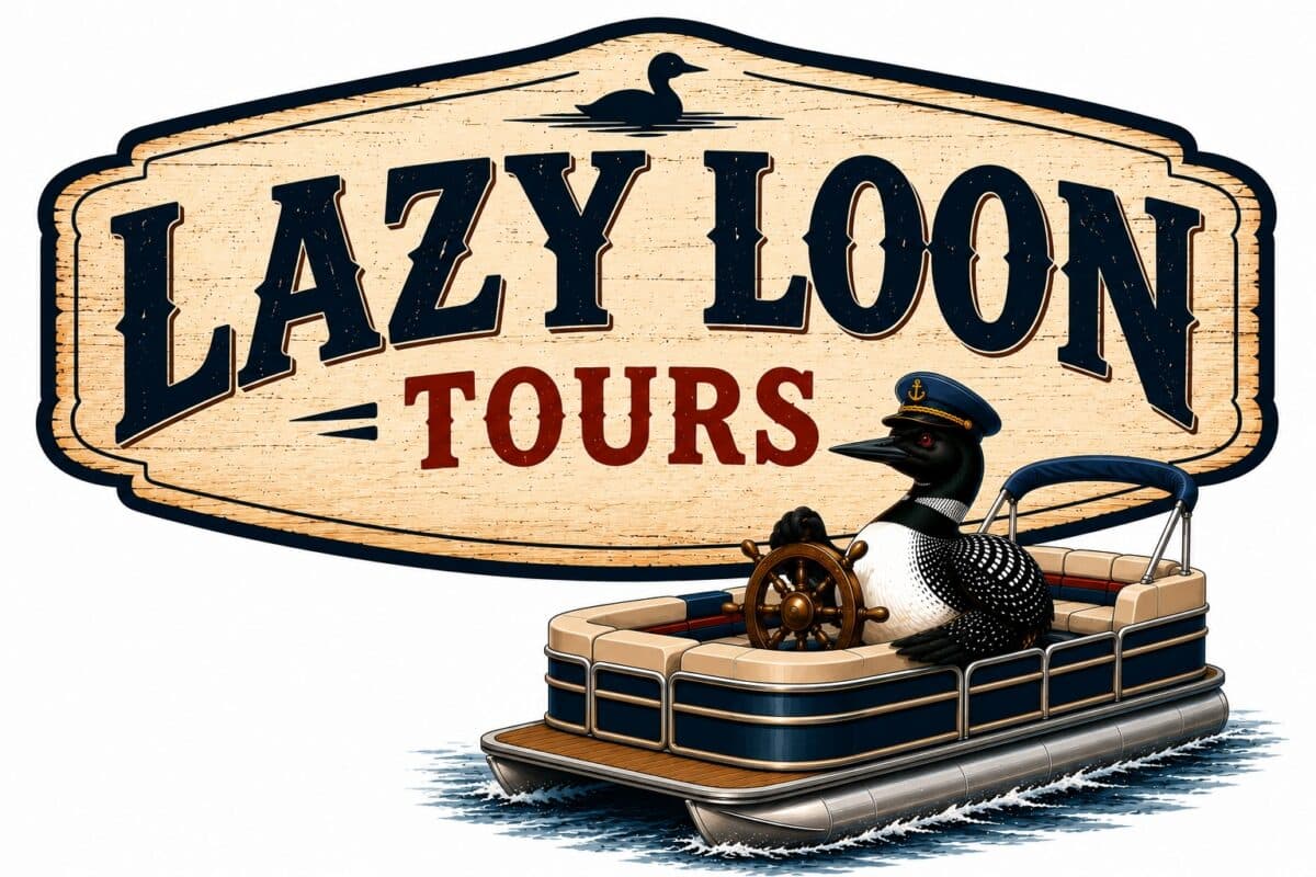 Logo for "Lazy Loon Tours" featuring a loon in a captain’s hat steering a boat, with a wooden sign in the background.