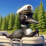 A cartoon loon wearing a captain's hat sits at the steering wheel of a boat with green pine trees in the background.