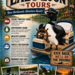 Poster for Lazy Loon Tours with a cartoon loon steering a pontoon boat, activity icons, tour descriptions, a Northwoods lodge, forest, and contact information.