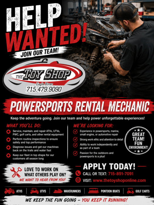 Area Job Opportunities 19 A job recruitment flyer for a Powersports Rental Mechanic at The Toy Shop, detailing qualifications, responsibilities, and application contact information.