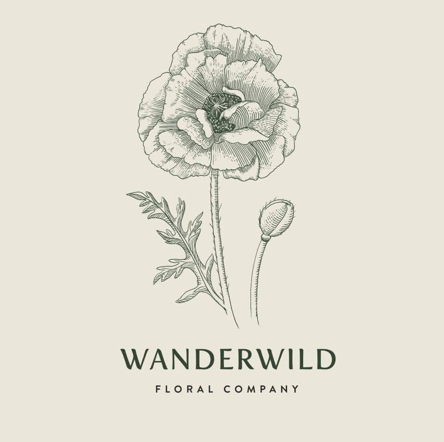 Detailed black and white illustration of a poppy flower with stem and bud above the text "Wanderwild Floral Company" on a light background.