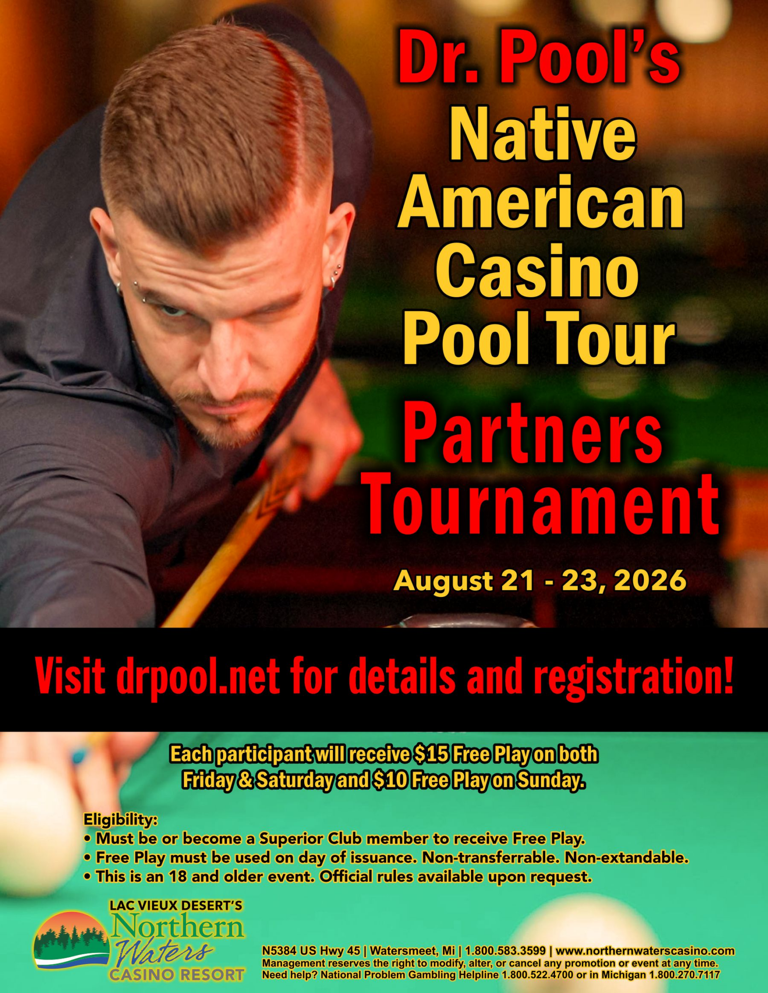 Man lines up a pool shot on a green table; text promotes Dr. Pool’s Native American Casino Pool Tour Partners Tournament, August 21-23, 2026, at Northern Waters Casino Resort.