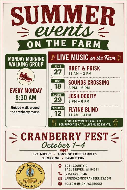 Poster listing summer events at Lake Nokomis Cranberries farm, including live music dates, a walking group, and Cranberry Fest details with dates, times, and contact information.