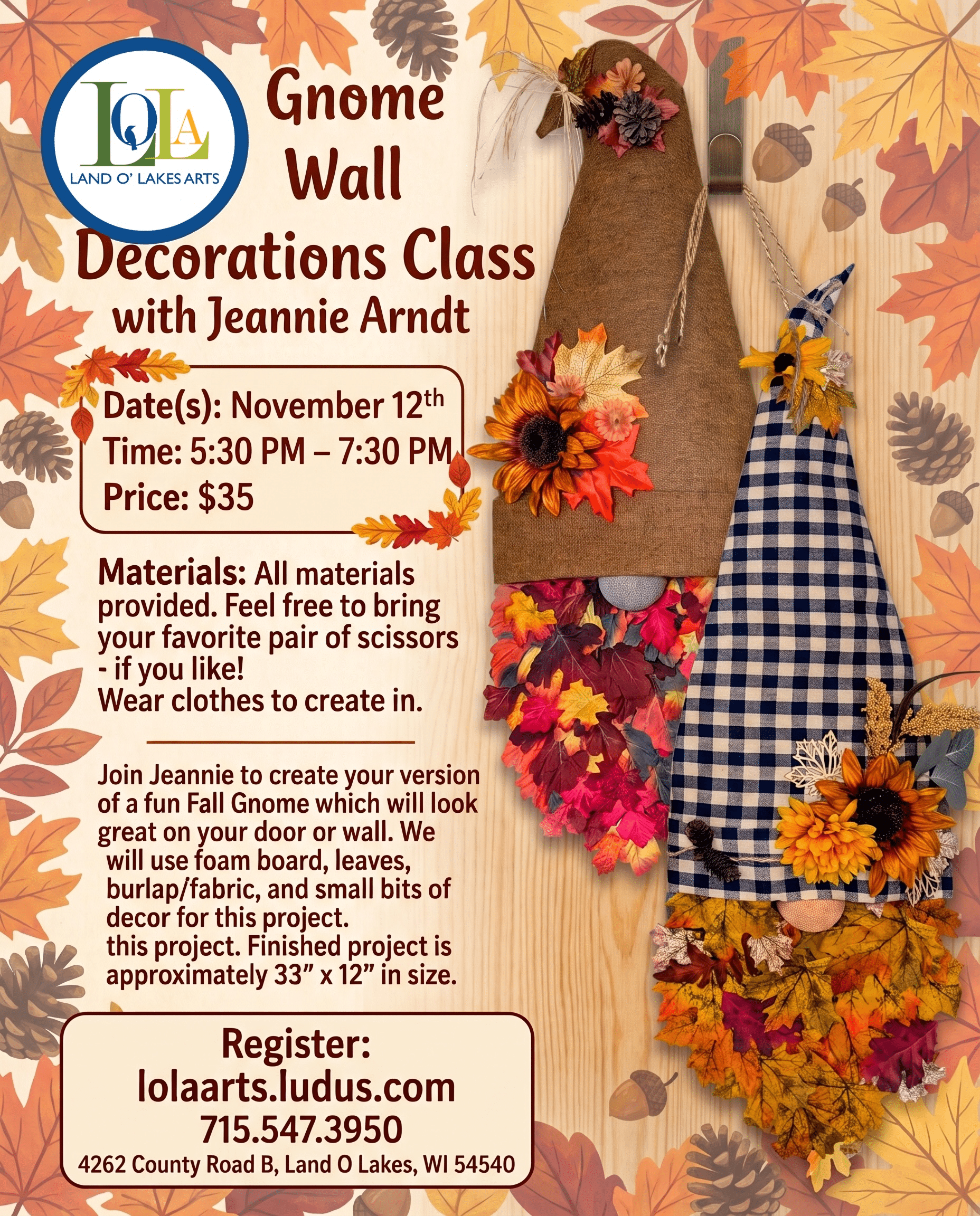 Colorful gnome wall decorations made of fabric, burlap, leaves, and flowers are displayed on a light background with class details and registration information for a crafting workshop.