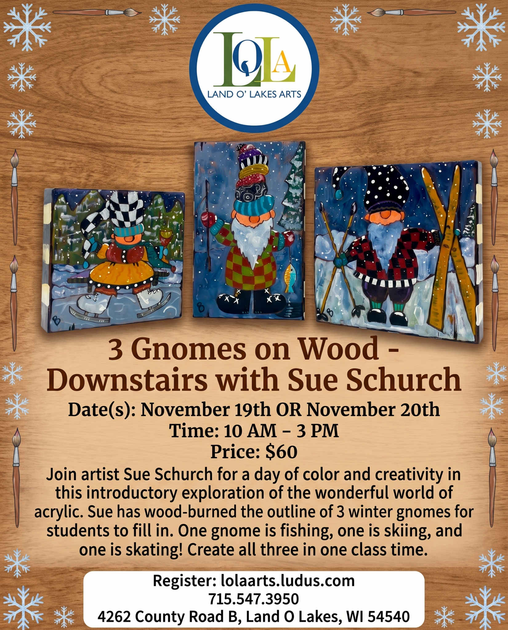 Colorful flyer for a “3 Gnomes on Wood” art class with Sue Schurch, showing three painted gnome artworks and event details, dates, time, cost, location, and registration information.