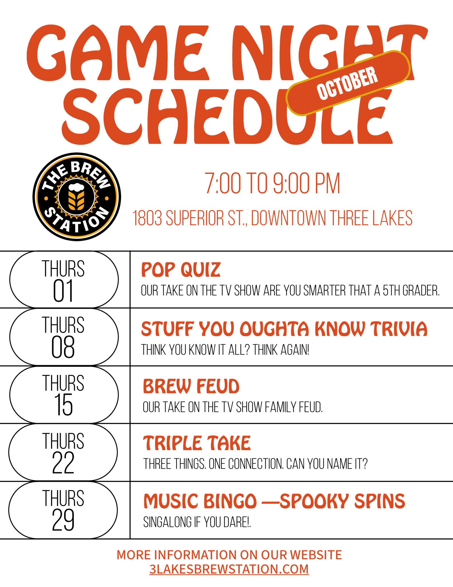 October Game Night Schedule for The Brew Station, listing weekly Thursday events including Pop Quiz, Trivia, Brew Feud, Triple Take, and Music Bingo, held from 7:00 to 9:00 PM at 1803 Superior St.