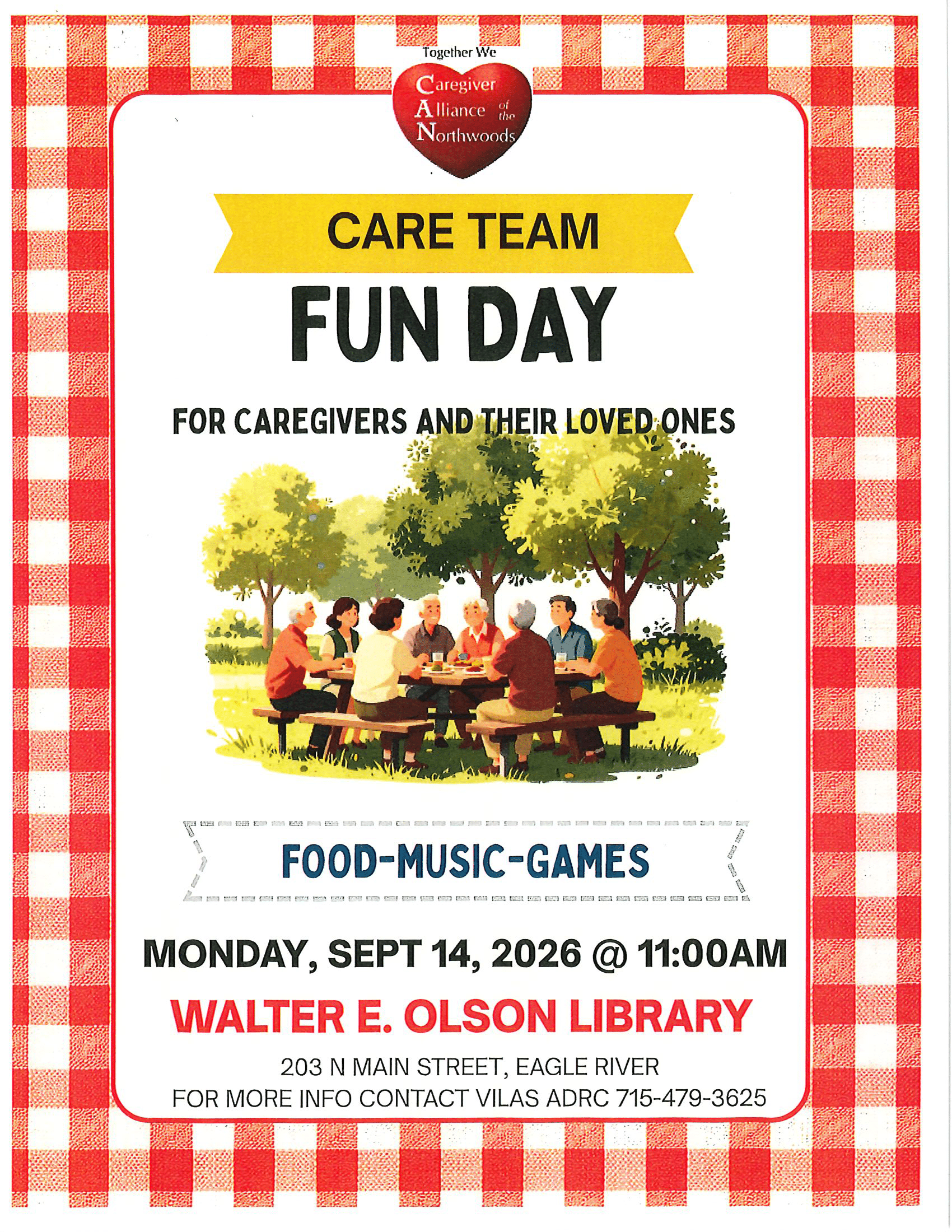 Flyer advertising “Care Team Fun Day” for caregivers and loved ones, with food, music, and games, at Walter E. Olson Library on Sept 14, 2026, in Eagle River. Contact info listed.