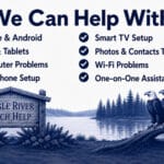 A tech help advertisement listing services including device setup, troubleshooting, and assistance, with an image of eagles by a lake and a wooden sign reading “Eagle River Tech Help.”.