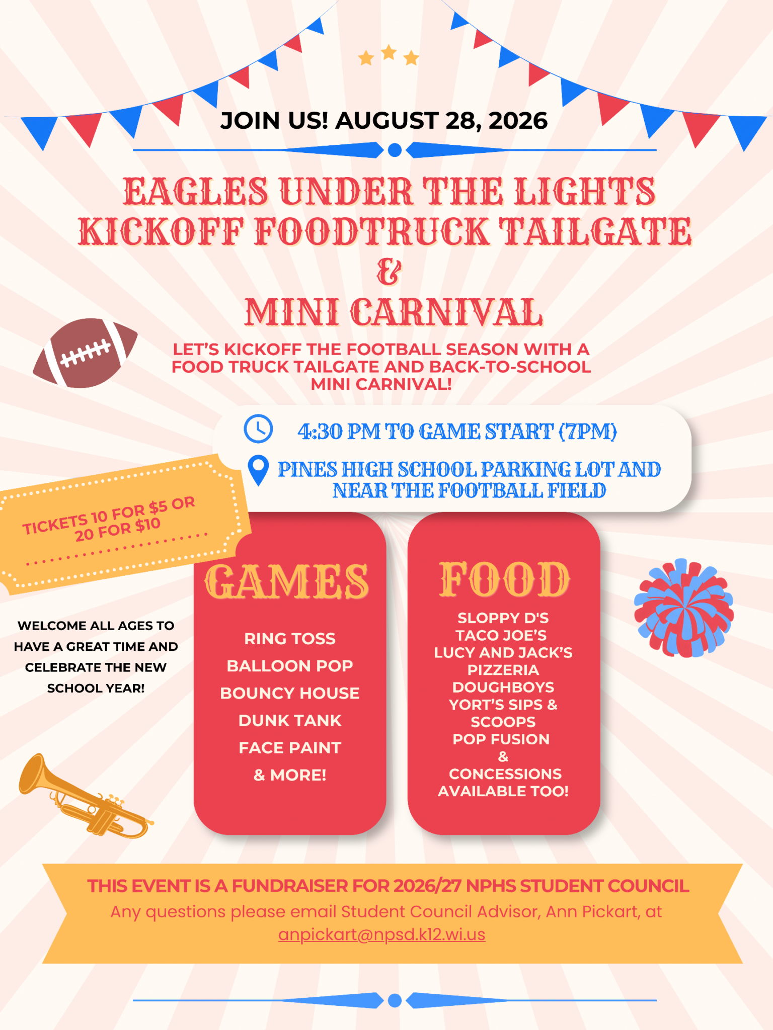 nphs carnival Colorful flyer for a school tailgate and mini carnival with games, food trucks, and event details for August 28, 2026, as a fundraiser for the NPHS student council.