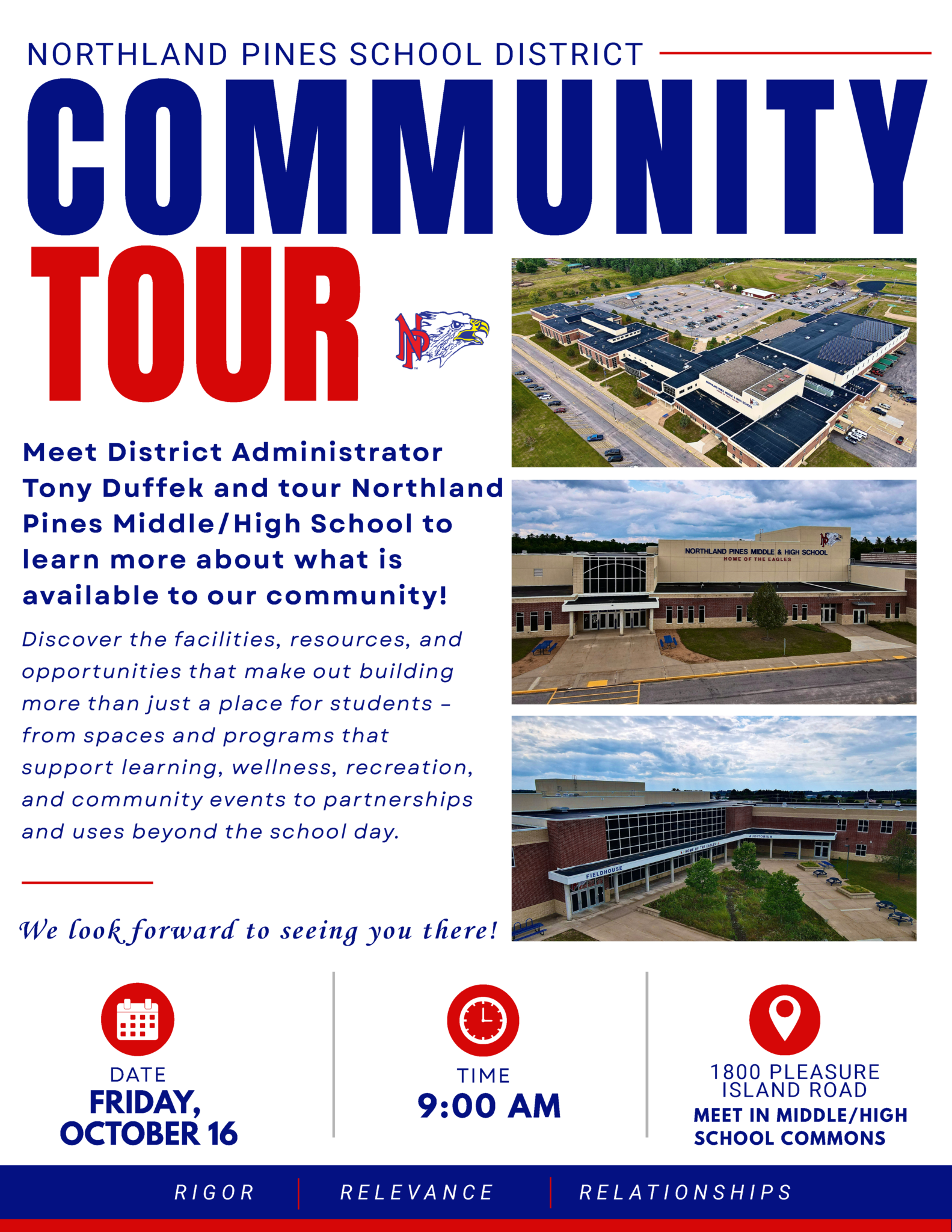 Flyer for Northland Pines School District Community Tour with date, time, and location details, including photos of the school, event description, and district logo.