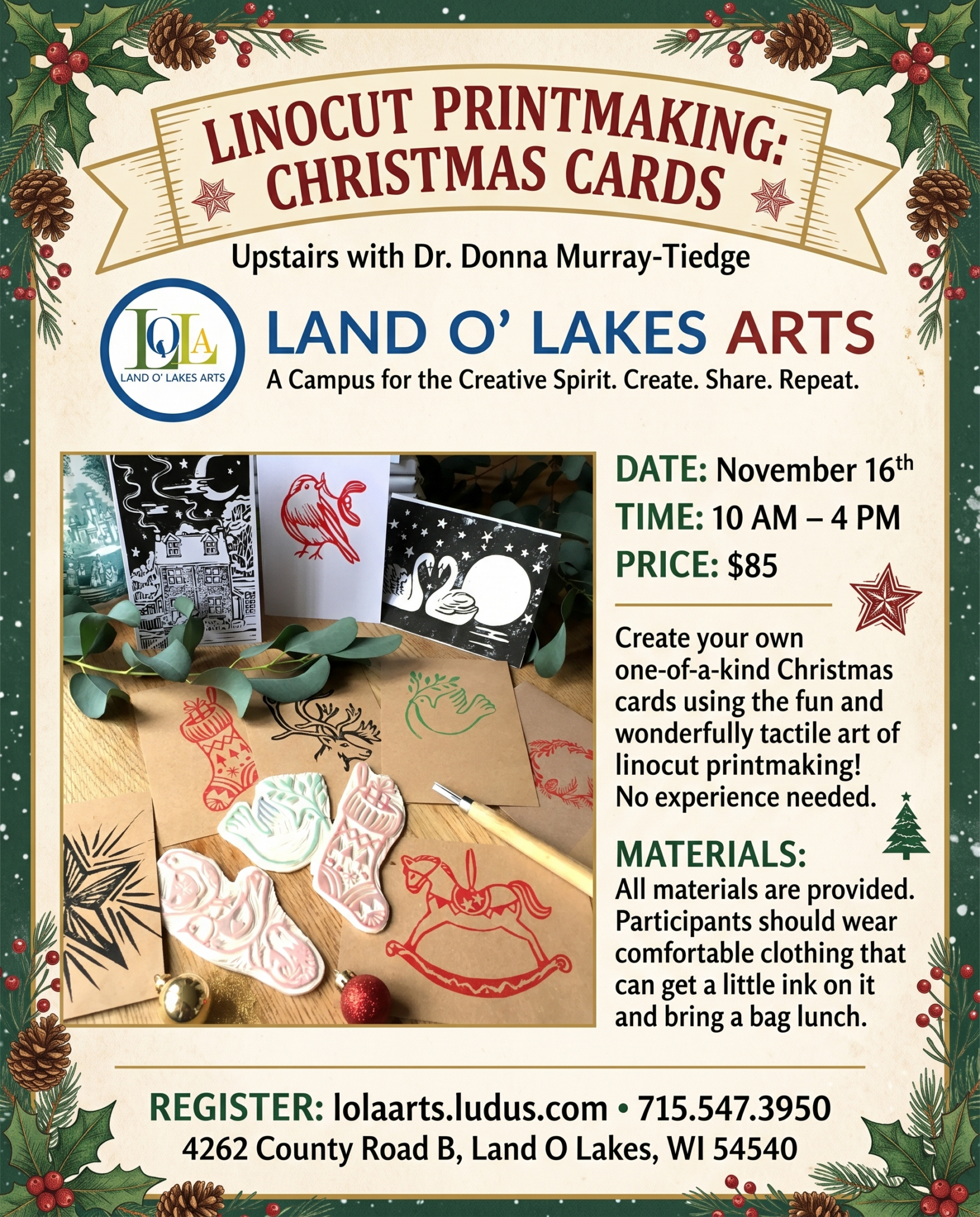 Flyer for a linocut printmaking Christmas card workshop at Land O’ Lakes Arts on Nov. 16, with event details, sample card images, and registration information.