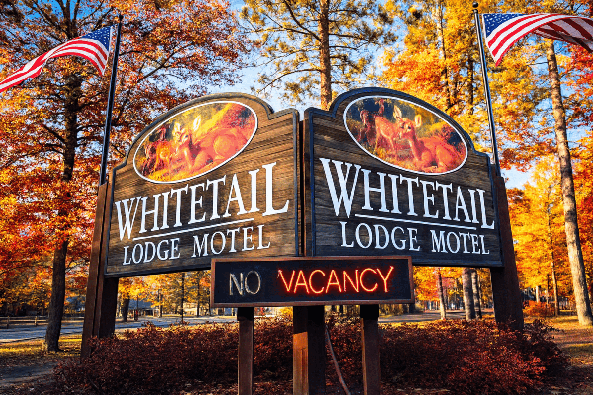 Wooden Whitetail Lodge Motel sign with deer images, flanked by American flags, displays a neon “No Vacancy” message amid autumn trees.
