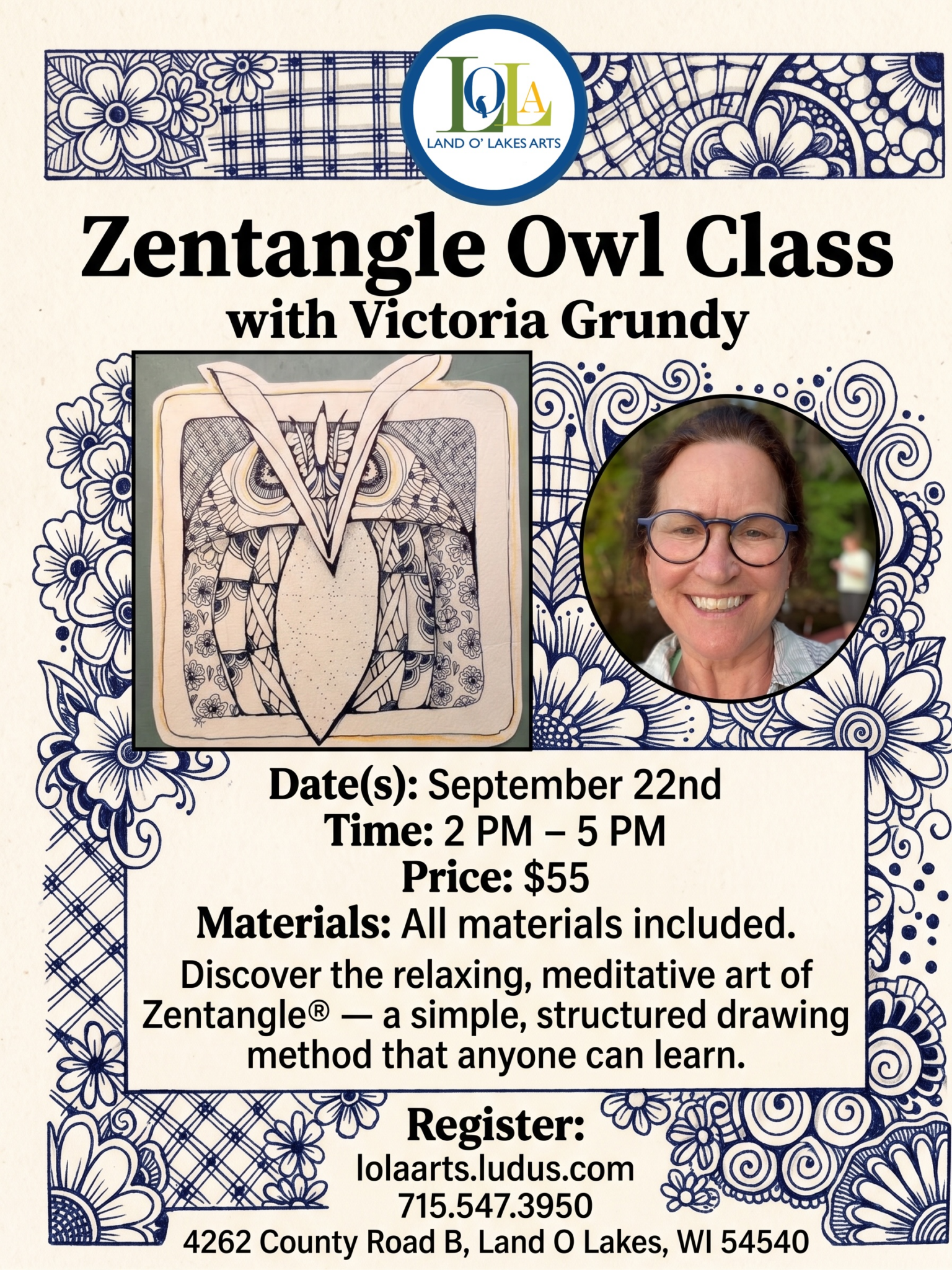 Flyer for a Zentangle Owl Class with an illustrated owl, a photo of the instructor, event details, and registration information on a floral background.