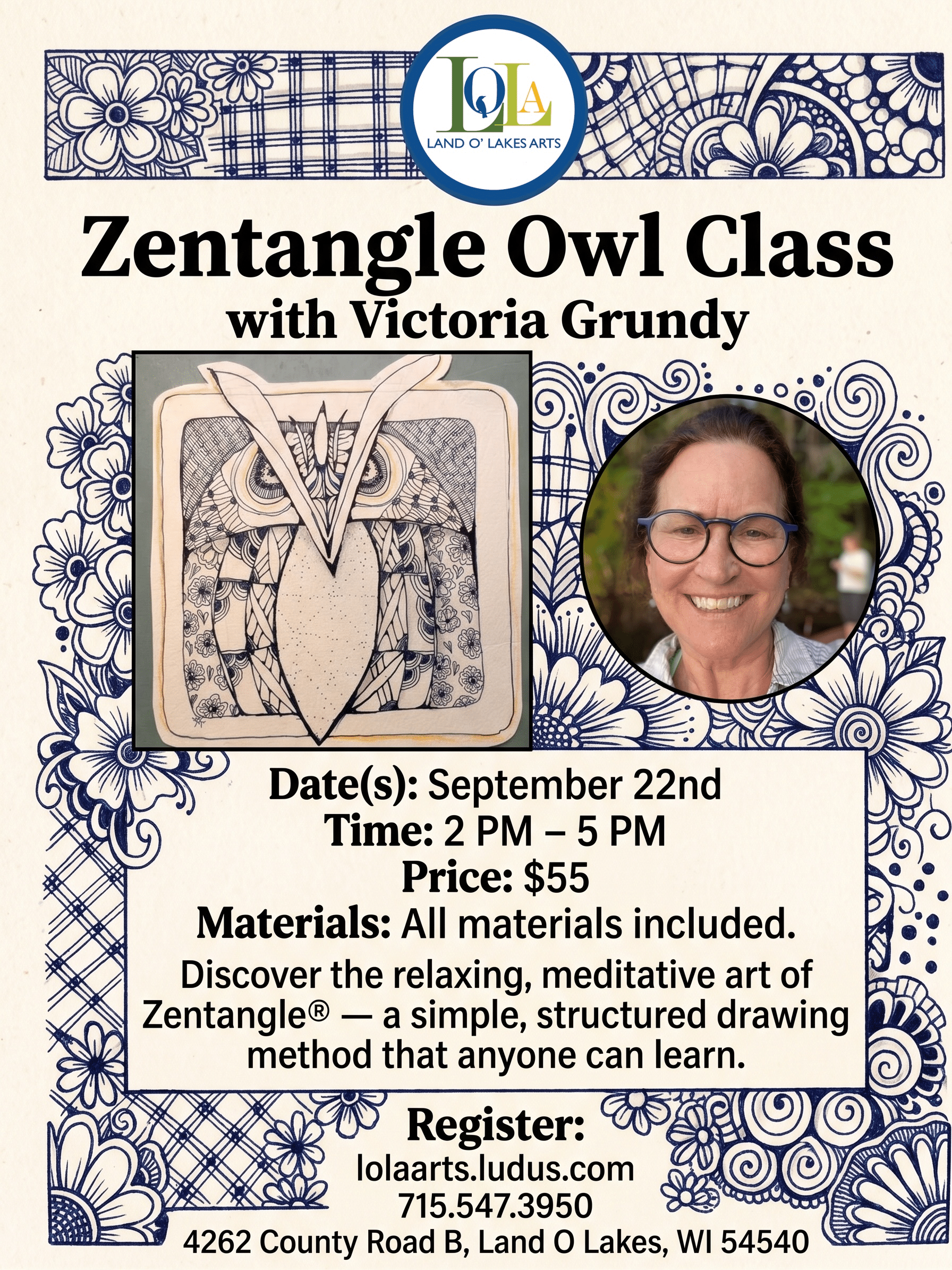Flyer for a Zentangle Owl Class with an illustrated owl, a photo of the instructor, event details, and registration information on a floral background.