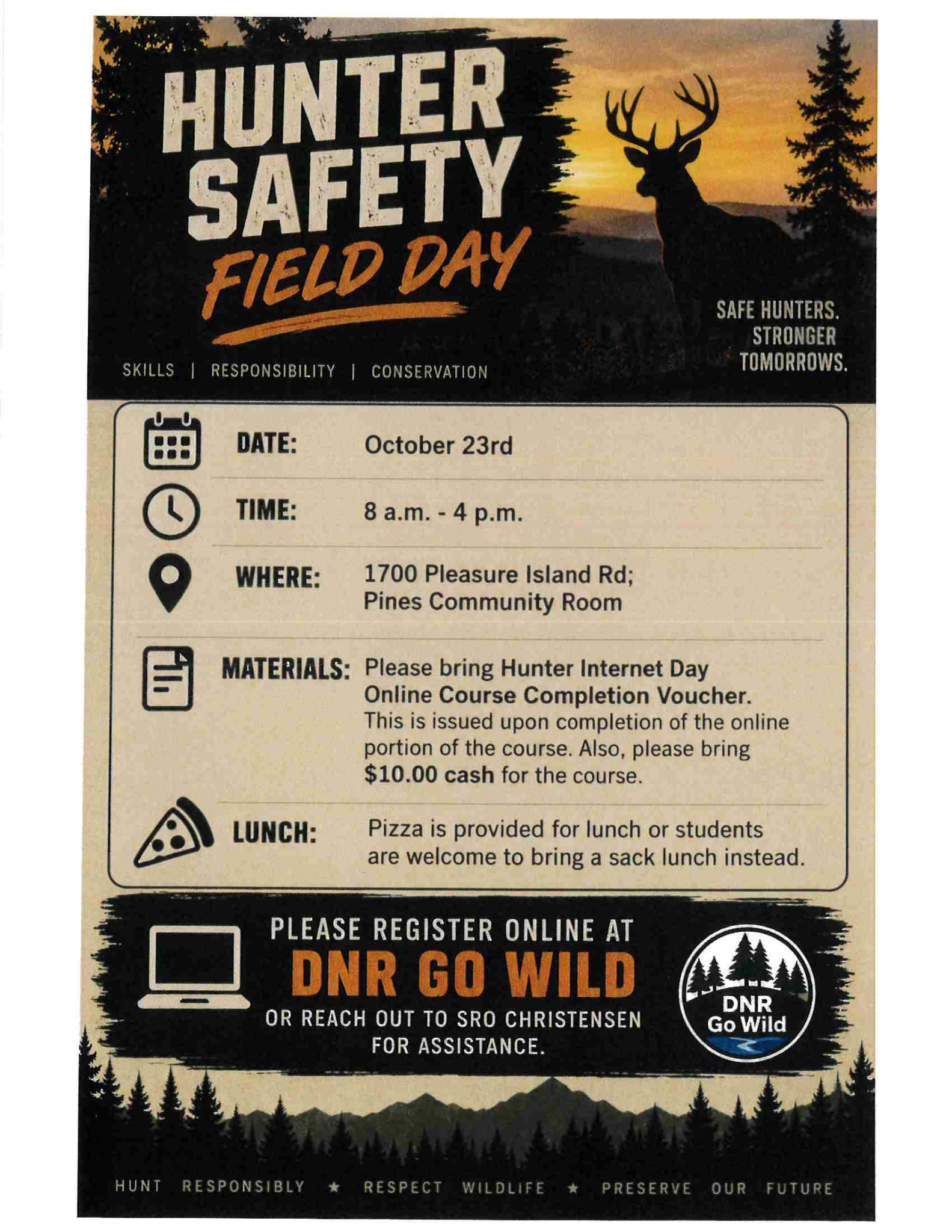 Flyer for Hunter Safety Field Day with event details, materials required, lunch info, registration instructions, and a silhouette of a deer against a sunset.