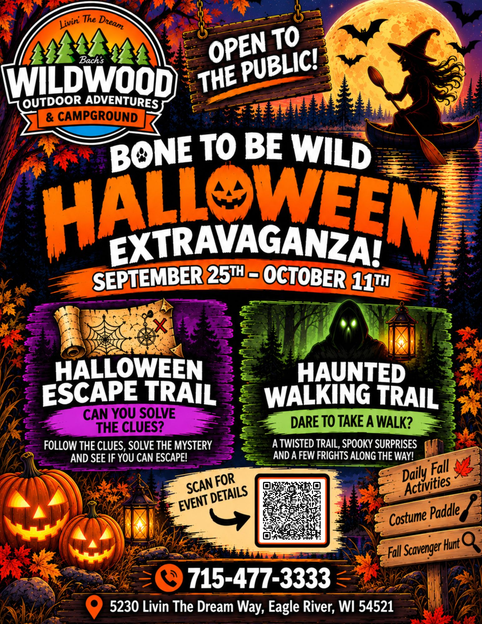 Colorful flyer for Wildwood Halloween Extravaganza, featuring escape and walking trails, event dates, contact info, and festive autumn graphics like pumpkins and leaves.