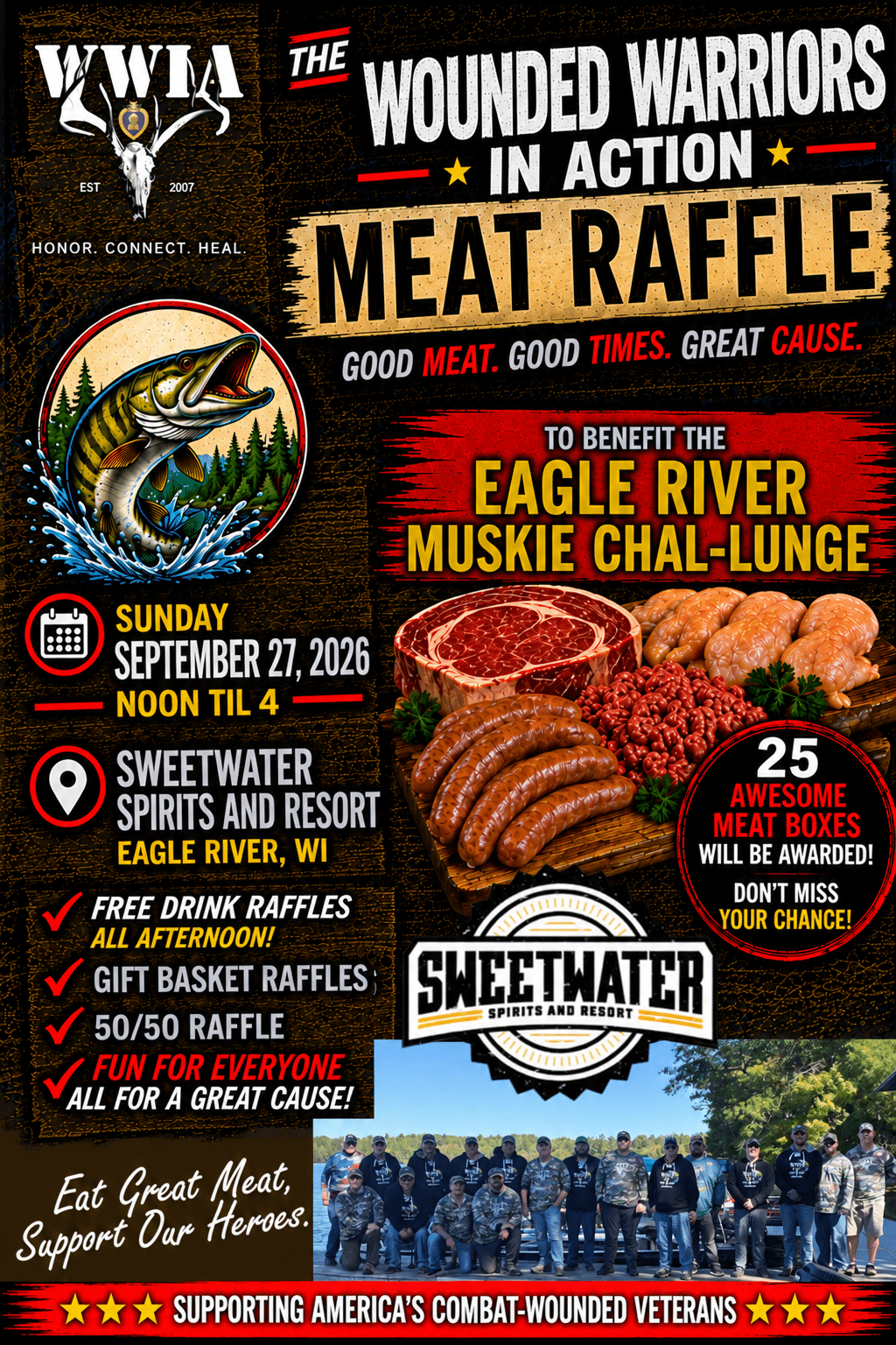 Poster advertising a meat raffle event benefiting veterans, held at Sweetwater Spirits and Resort, Eagle River, WI, on September 27, 2026, from noon to 4 PM.