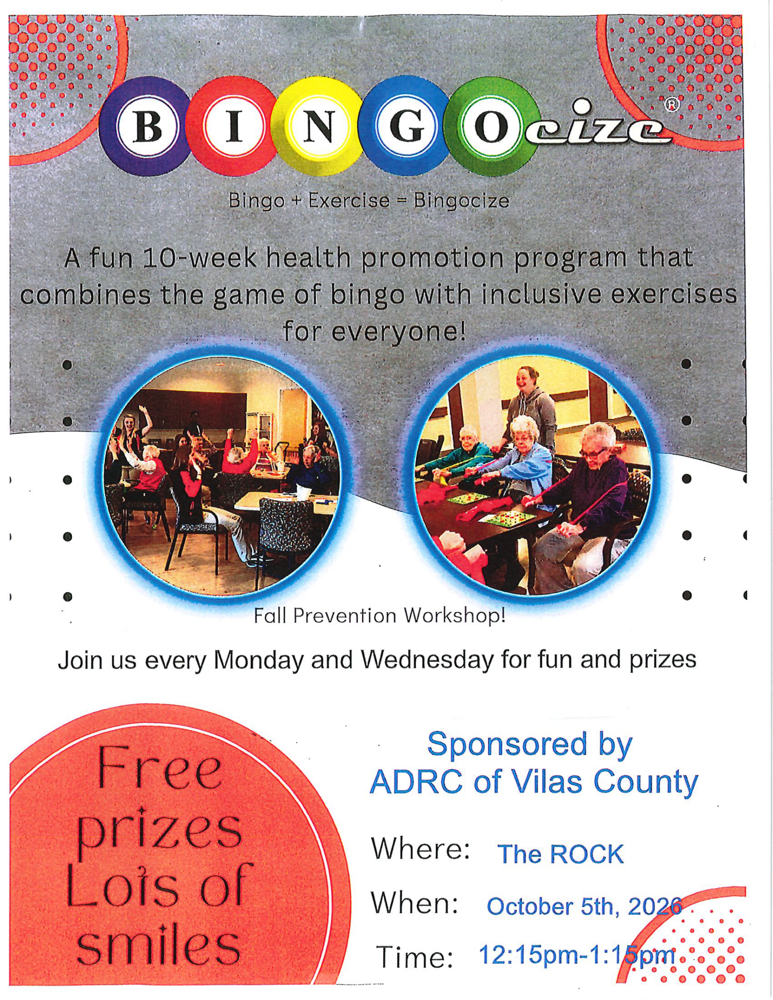 Flyer for BINGOcize, a 10-week health program with bingo and exercise, meeting Mondays and Wednesdays; event on October 5, 2023, at The ROCK; prizes offered; sponsored by ADRC of Vilas County.