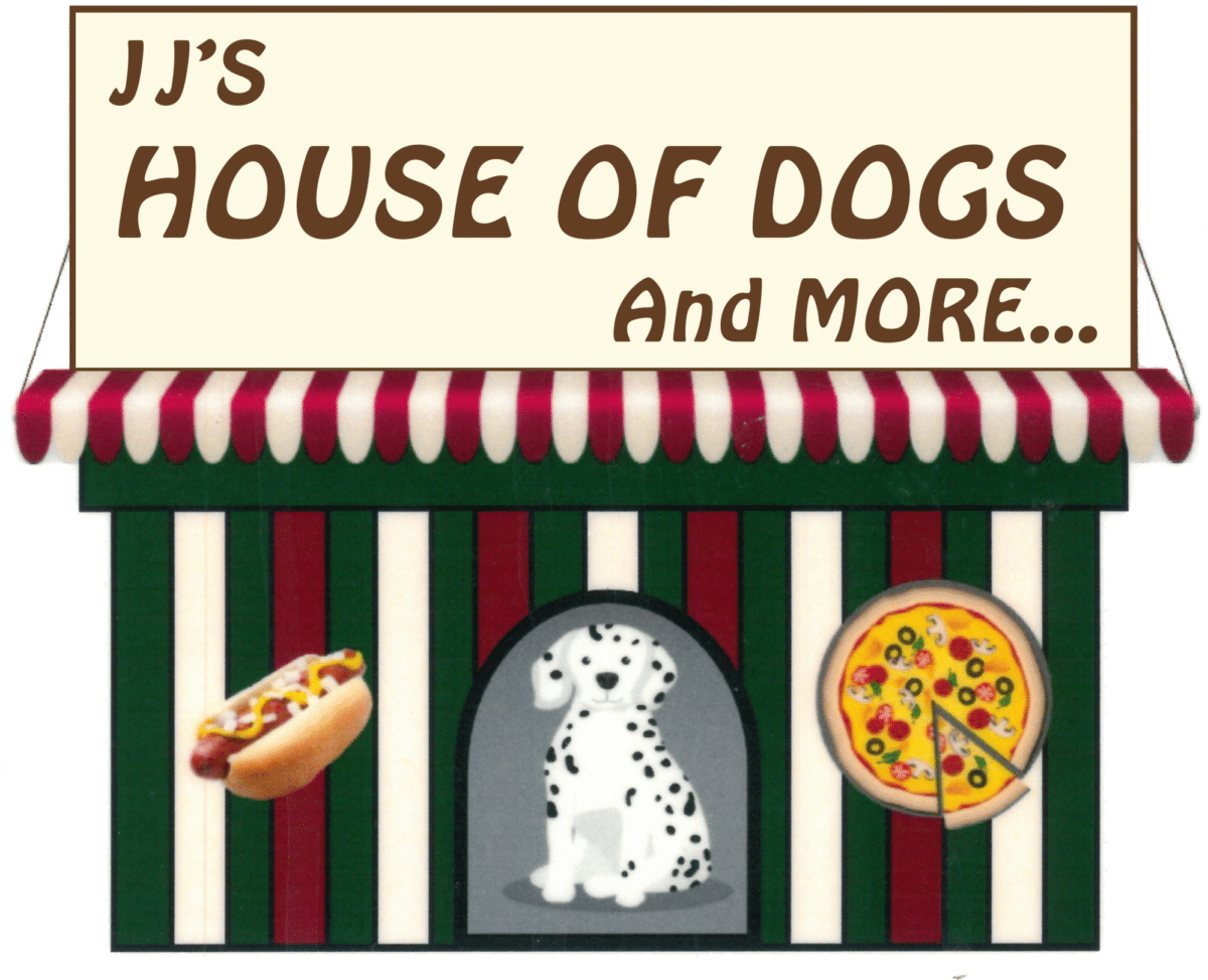 Cartoon storefront with a striped red, green, and white awning, a Dalmatian in the center, a hot dog on the left, a pizza on the right, and a sign reading “JJ’s HOUSE OF DOGS And MORE...”.