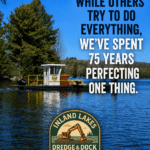 A yellow and white dredge boat on a lake with trees in the background; text promotes Inland Lakes Dredge & Dock Works’ 75 years of specialized service.